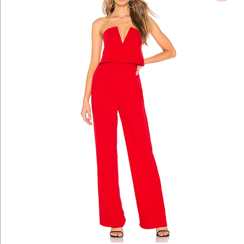 By the way. X Revolve Strapless V Red Jumpsuit